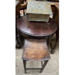 A brass slipper box together with a mahogany occasional table and a small oak table