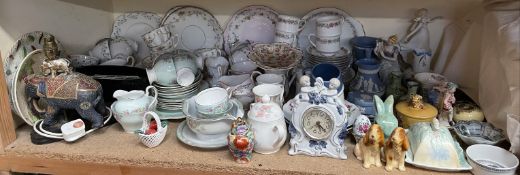 A Paragon part tea service together with other part tea sets, Wedgwood blue jasper wares, figures,