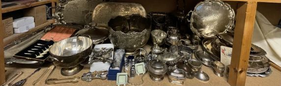 A large collection of electroplated wares including a punch bowl and mugs, trays,