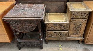 A 19th century carved oak occasional table with a lobed top with drop flaps on turned legs and
