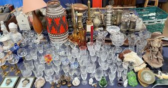 A large West German Lava vase together with two miners lamps and a large quantity of drinking