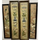 Four Chinese silk panels depicting vases of flowers and birds