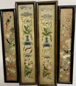 Four Chinese silk panels depicting vases of flowers and birds