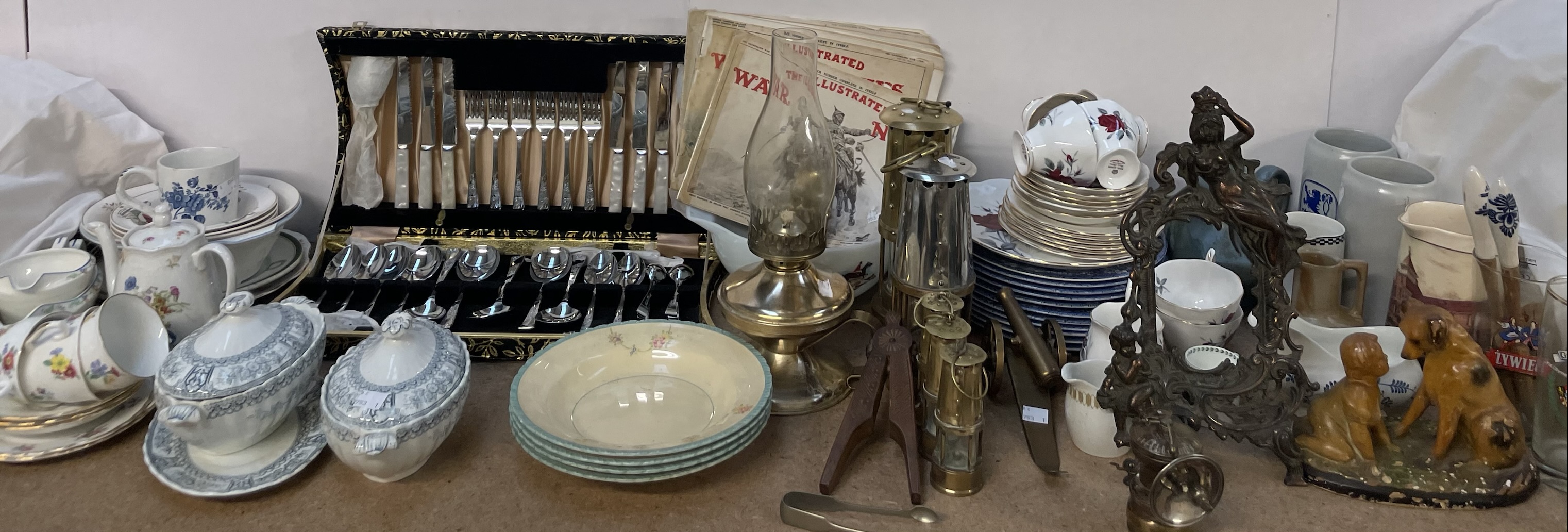 Two brass miners lamps together with miniature miners lamps, part tea sets, part dinner sets,