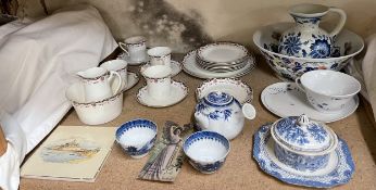 A Longton part tea set together with blue and white tea bowls, Chinese Saki pot,