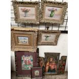 A triptych altarpiece together with three floral oil paintings and two Indian pictures