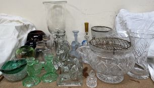 A glass storm lantern together with a glass ice bucket, glass vases,