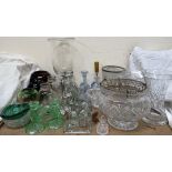 A glass storm lantern together with a glass ice bucket, glass vases,