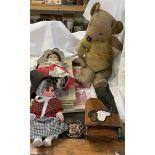 An English mohair teddy bear together with Welsh lady dolls, piano musical box,