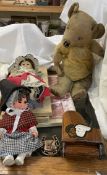 An English mohair teddy bear together with Welsh lady dolls, piano musical box,