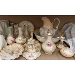 A Crown Devon Fieldings jug and basin, together with assorted vases,