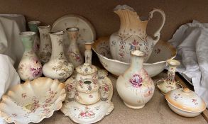 A Crown Devon Fieldings jug and basin, together with assorted vases,