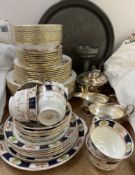 A Royal Crown Derby Bali pattern part dinner set together with a three piece electroplated teaset,