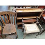 A hanging wall shelf, together with a kitchen chair, a stool,