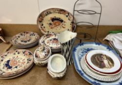 A blue and white pottery meat plate together with an Ashworth part dinner set etc