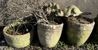 A pair of reconstituted stone planters together with another planter a cat and a figure group