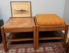 A pair of mid 20th century teak reversible stool / coffee tables together with a photograph of a