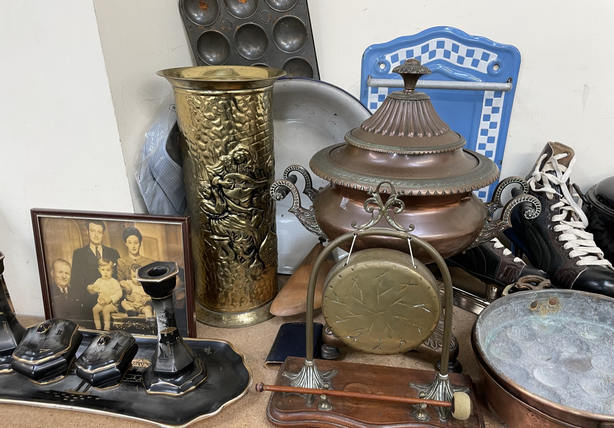 A copper samovar together with assorted copper pans, brass umbrella stand, - Image 2 of 3