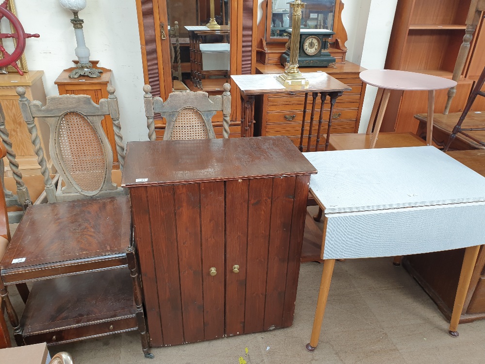 A Victorian rosewood occasional table with a square table and turned legs together with a melamine