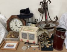 A Marconiphone radio together with a walnut cased wall clock, costume jewellery, ceiling light,