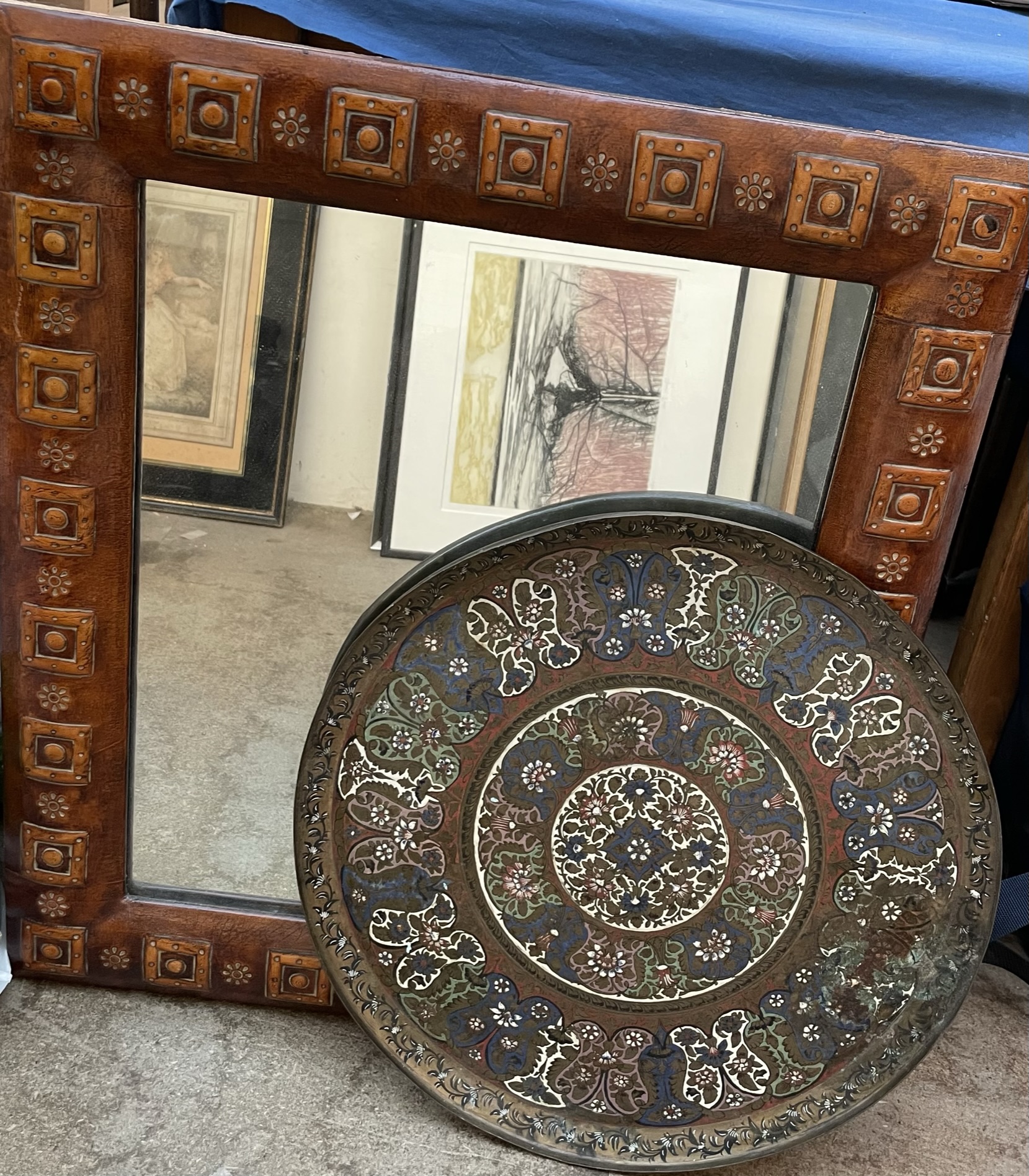 A mirror of rectangular form together with an Anglo Indian tray,