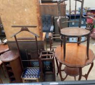 A bentwood elbow chair together with an occasional table, umbrella stand, stool, suit rack,