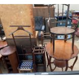 A bentwood elbow chair together with an occasional table, umbrella stand, stool, suit rack,