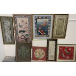 A Chinese silk embroidery together with a collection of embroideries and woolworks