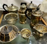 An electroplated three piece tea set together with assorted electroplated items etc