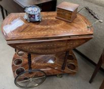 An Italian inlaid drinks trolley together with an inlaid jewellery box and an electroplated and