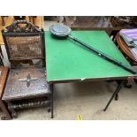 A 19th century carved oak hall chair together with a card table and a copper bed warming pan