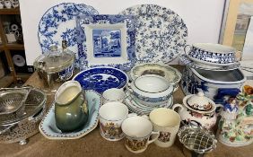 A Masons twin handled sugar pot and cover together with assorted plates, bowls, commemoratives,