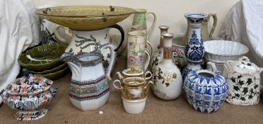 A pair of Doulton Lambeth floral decorated vases together with a glass ceiling light, leaf dishes,