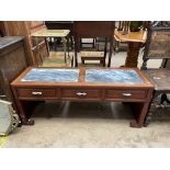 A Chinese hardwood table inset with marble panels above three drawers with jade handles