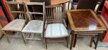 An Edwardian rosewood chair together with a pair of bedroom chairs and a nest of two tables