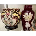 A pottery jardiniere together with a ruby glass vase