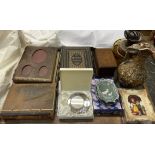 A leather bound photograph album, together with leather bound books, oak box, oil lamp,