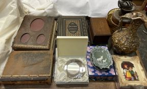 A leather bound photograph album, together with leather bound books, oak box, oil lamp,