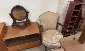A Victorian mahogany toilet mirror together with a teak hifi cabinet with smoked glass doors,