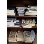 A collection of Beano comics, cigarette cards, mobile phone, magazines,