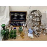 An Electroplated four piece teaset together with a cased electroplated fish set,