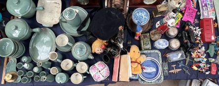 A Denby stoneware part dinner service, together with mantle clocks, toys, puppets,
