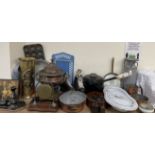 A copper samovar together with assorted copper pans, brass umbrella stand,