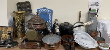 A copper samovar together with assorted copper pans, brass umbrella stand,