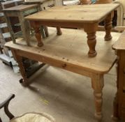 A 20th century pine kitchen table together with a pine coffee table and two pine stools