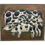 20th Century Russian Spotted pigs Oil on canvas Signed and label verso 83 x 101cm