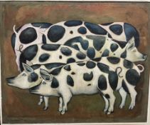 20th Century Russian Spotted pigs Oil on canvas Signed and label verso 83 x 101cm