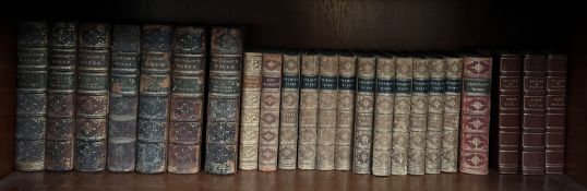 Various leather bound volumes including The Works of Lord Macaulay, Disraeli's Works,