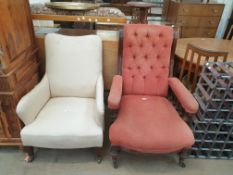 A Victorian oak framed Library chair with spindle and pad upholstered arms on turned legs together