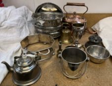 A copper kettle together with assorted electroplated items